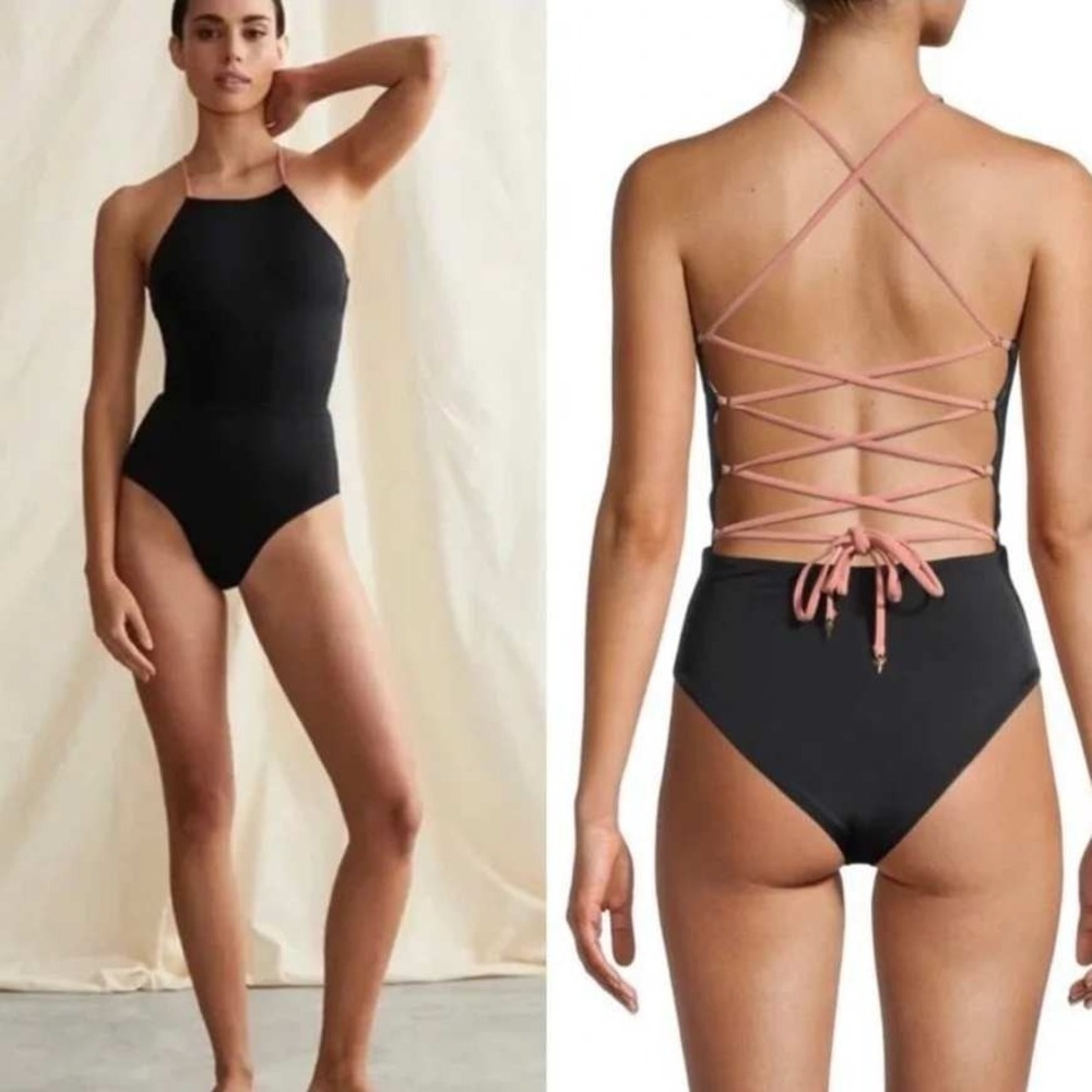 Onia Margherita One Piece Swimsuit Womens XS Black Peach Lace Up WS163-01